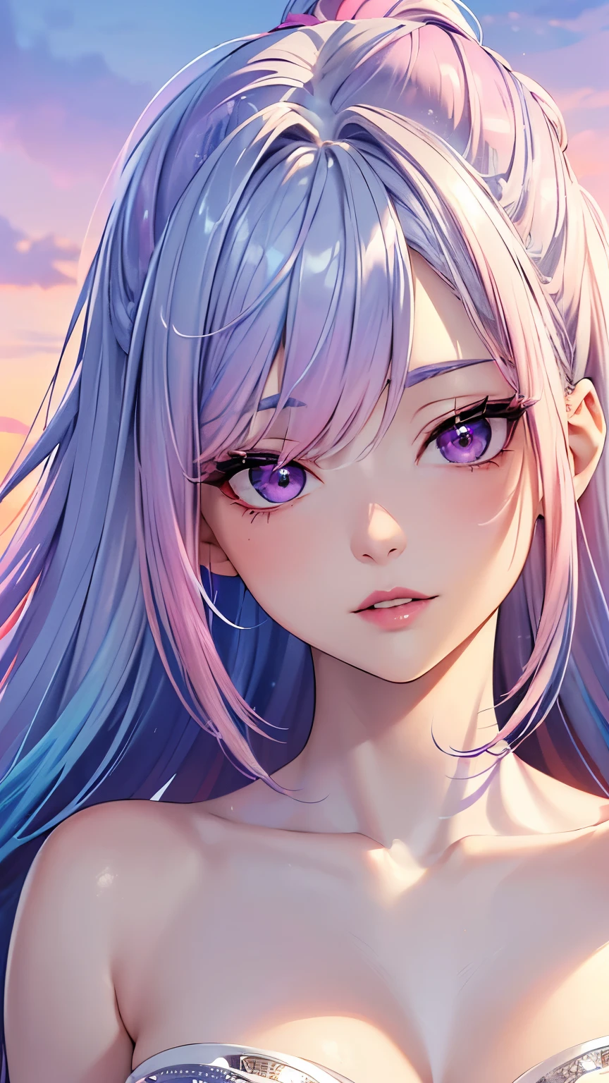 (Best quality, 8K, high resolution, masterpiece:1.2), Digital Artwork, A girl, Delicate face, delicate eyes, (Silver blue hair with pink and purple streaks:1.4), (Gradient sky blue hair:1.6), Long and straight hair, glowing purple eyes, eye-makeup, (Red lips), Northern Europe, Norway, ice and snow, High quality CG, feminine pose, In-depth background,