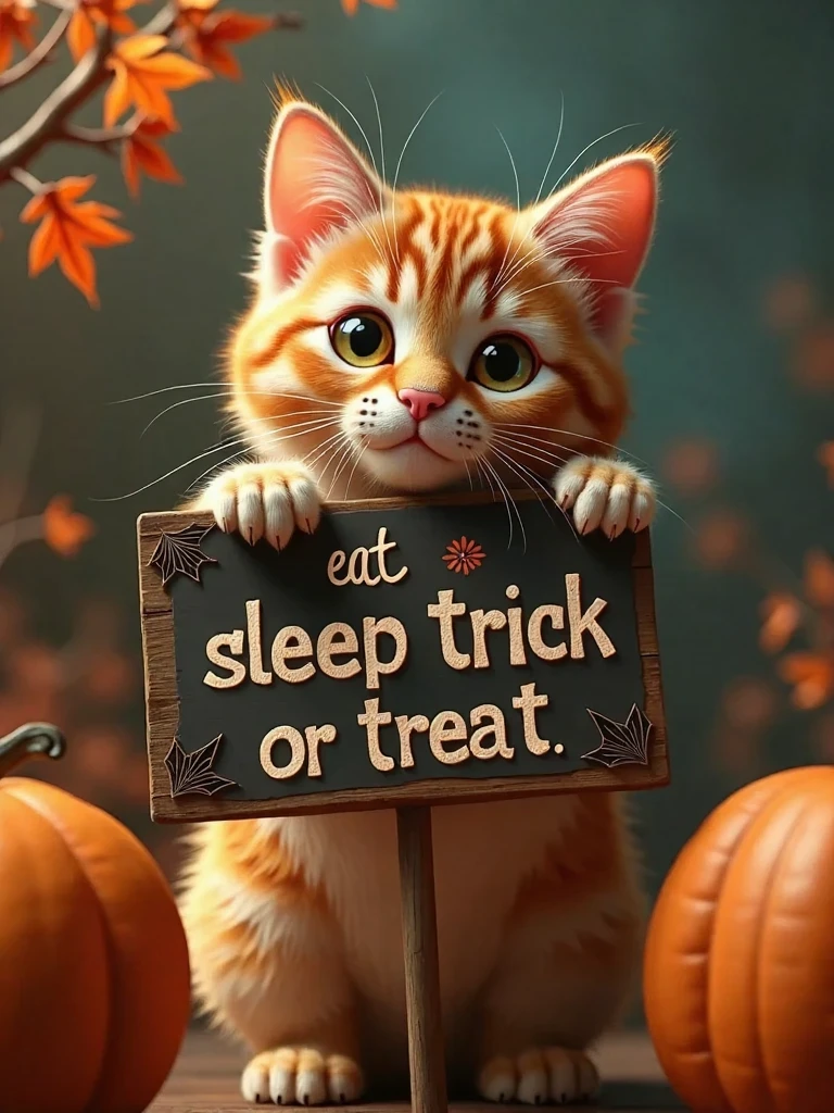 A cute cat holding a sign that reads "Eat Sleep Trick or Treat" beside a pumpkin, embodying autumn and Halloween. The image features a single cat with a detailed face, expressive eyes, and furry paws, rendered in photorealistic quality with vivid colors and dynamic studio lighting, creating a whimsical and cinematic masterpiece.