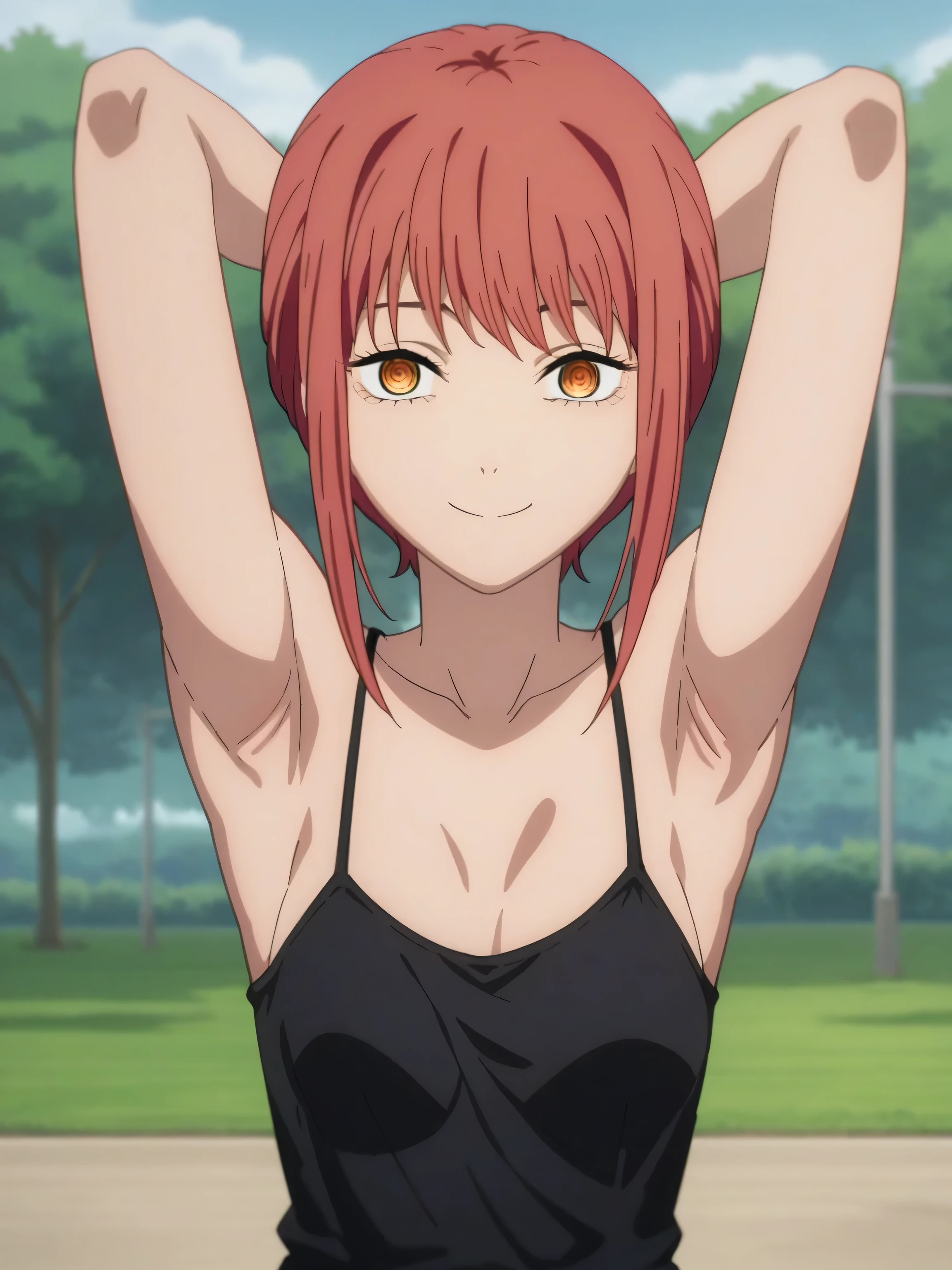 score_9, score_8_up, score_7_up, source_anime, anime screencap, 1girl, solo, outdoors, day, park, mak1ma0, red hair, ringed eyes, black camisole, spaghetti straps, looking at viewer, head towards viewer, arms up, raised arms, armpits, smile, closed mouth,