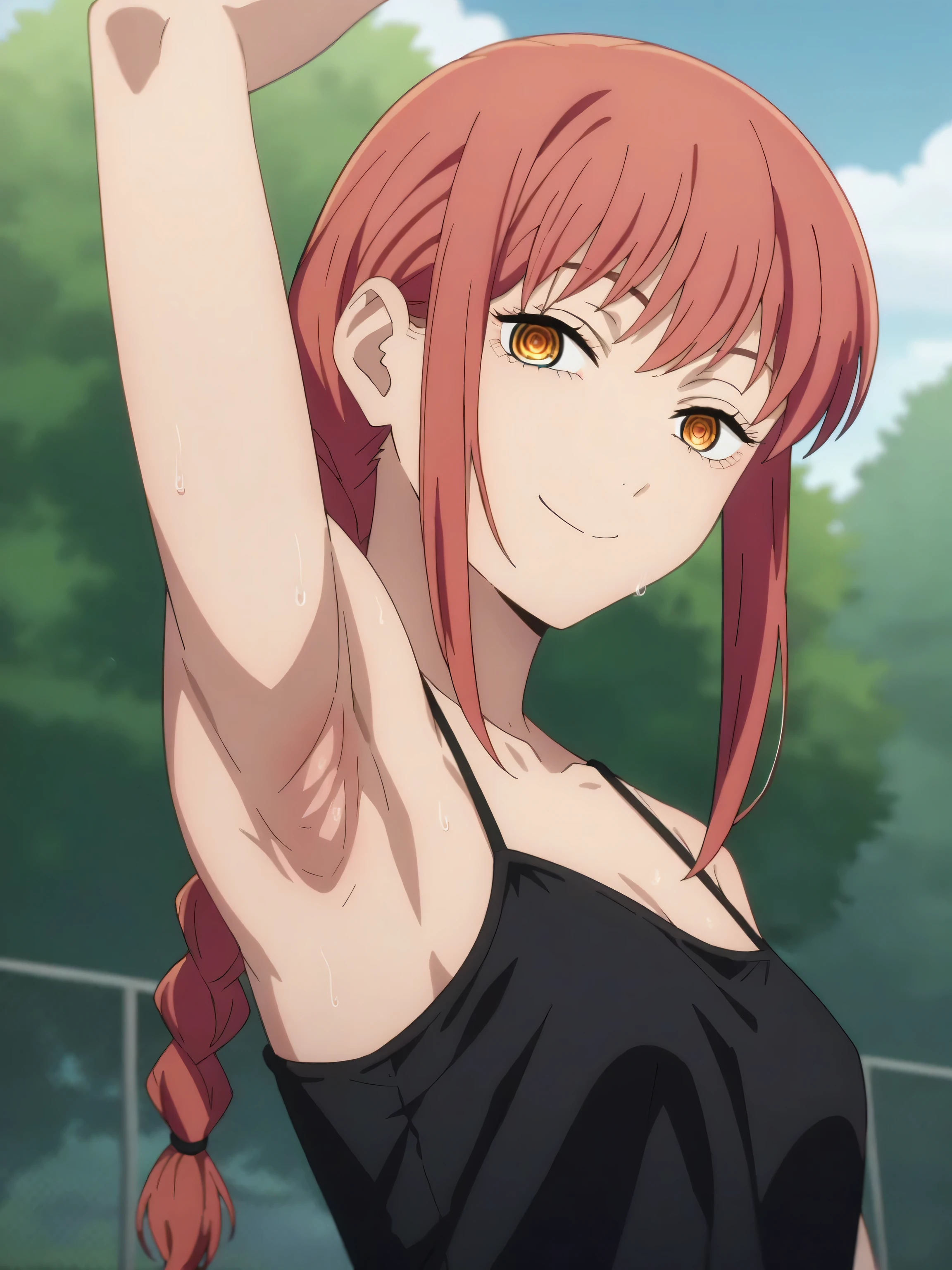 score_9, score_8_up, score_7_up, source_anime, anime screencap, 1girl, solo, outdoors, day, park, mak1ma0, red hair, ringed eyes, black camisole, spaghetti straps, looking at viewer, head towards viewer, arms up, raised arms, armpits, smile, closed mouth,