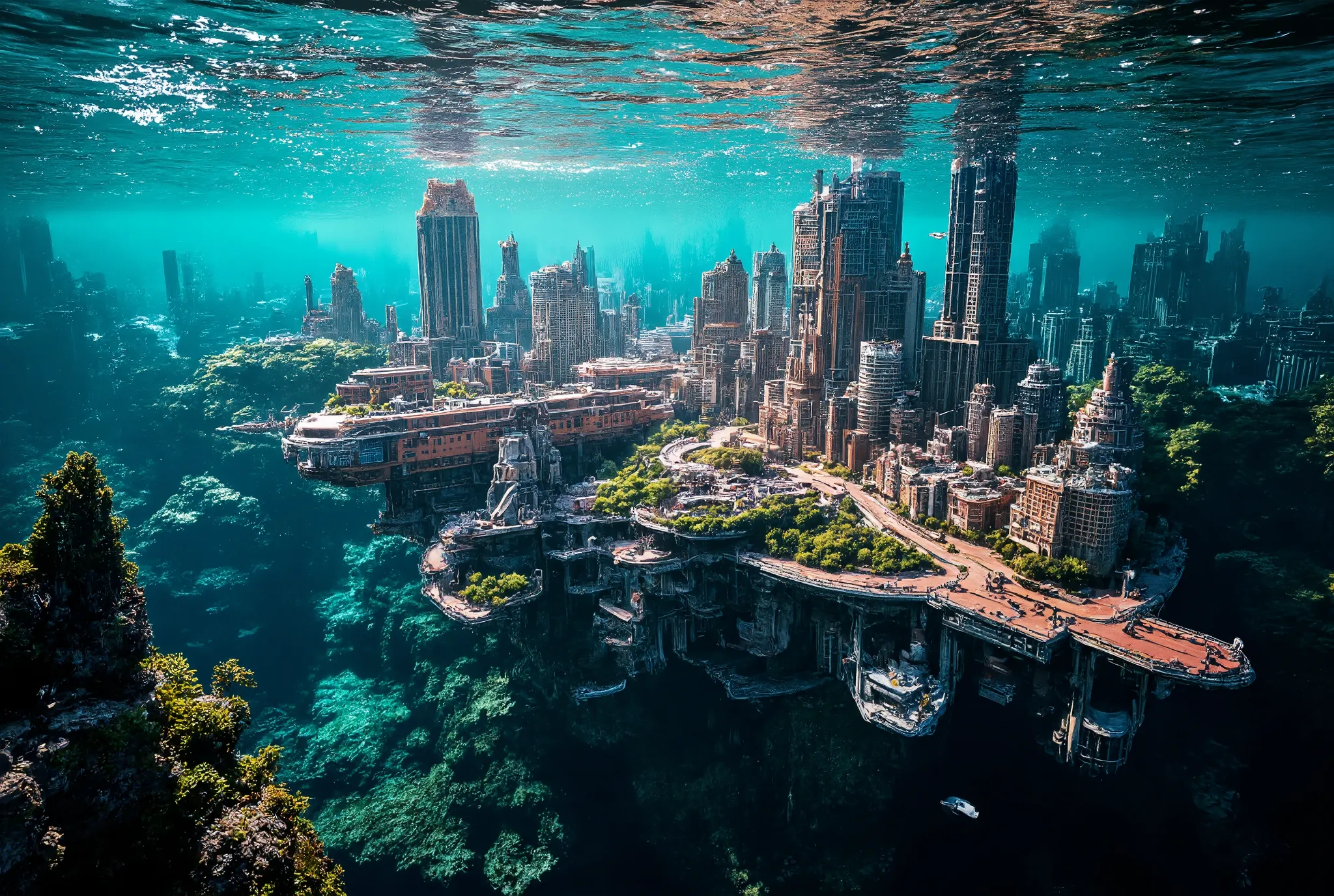 a high modern miniature underwater city, an optical zoom on a small underwater metropolis showing a modern living miniature city...