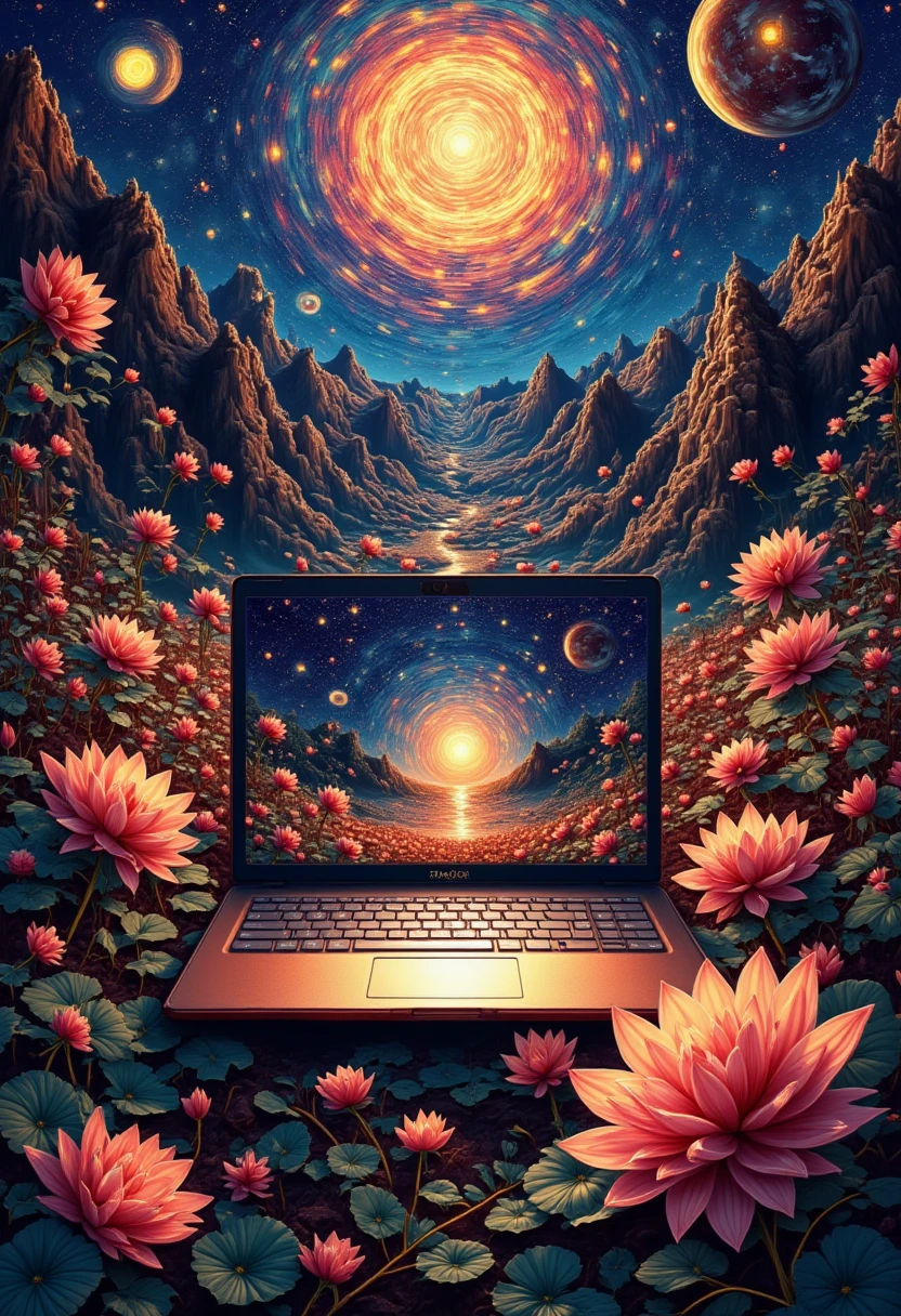 Laptop Computer, poster design, creative national style illustration, interstellar, smart notebook, time and space tunnel woven by data, bronze body, symphony of the universe, CGI special effects style, immersive visual feast, panorama, depth of field, master works, extreme detail, ultra high definition, 8k resolution,