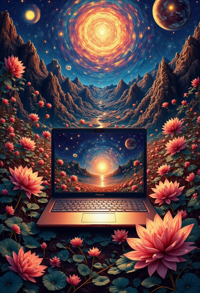 laptop computer, poster design, creative national style illustration, interstellar, smart notebook, time and space tunnel woven ...