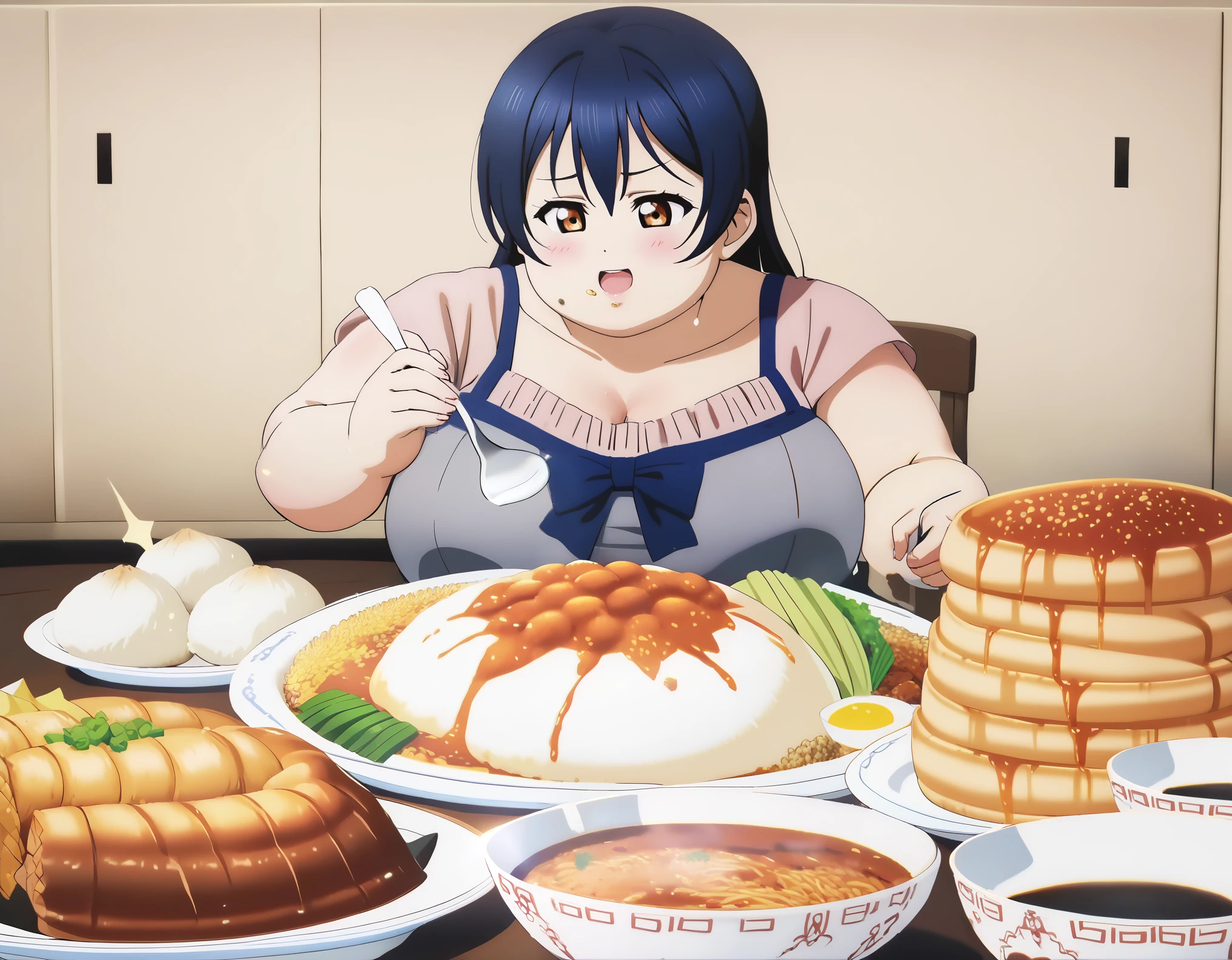 1girl,solo,
sonoda umi, love live!
casual wear,skirt,
smile,
open mouth,
oogui,
sitting,
indoors,restaurant,
looking down,
dirty,
food on face,
food,eating,sparkle,table,holding spoon,holding fork,bowl,noodles, ramen,plate, holding,pasta,meat, rice,spaghetti,egg,fried rice, jiaozi,soup,dumpling, pancake,salad, meandros, cereal,fruit, steam, meatball,curry rice,drink,empty bowl,
fake screenshot,gameplay mechanics,
masterpiece, best quality, ultra detailed, highres,4k,(ultra-detailed:1.4) (illustration:0.5), (ray tracing,:0.8),(anime colored:0.7),(ai-generated:0.5), fat, chubby, obese