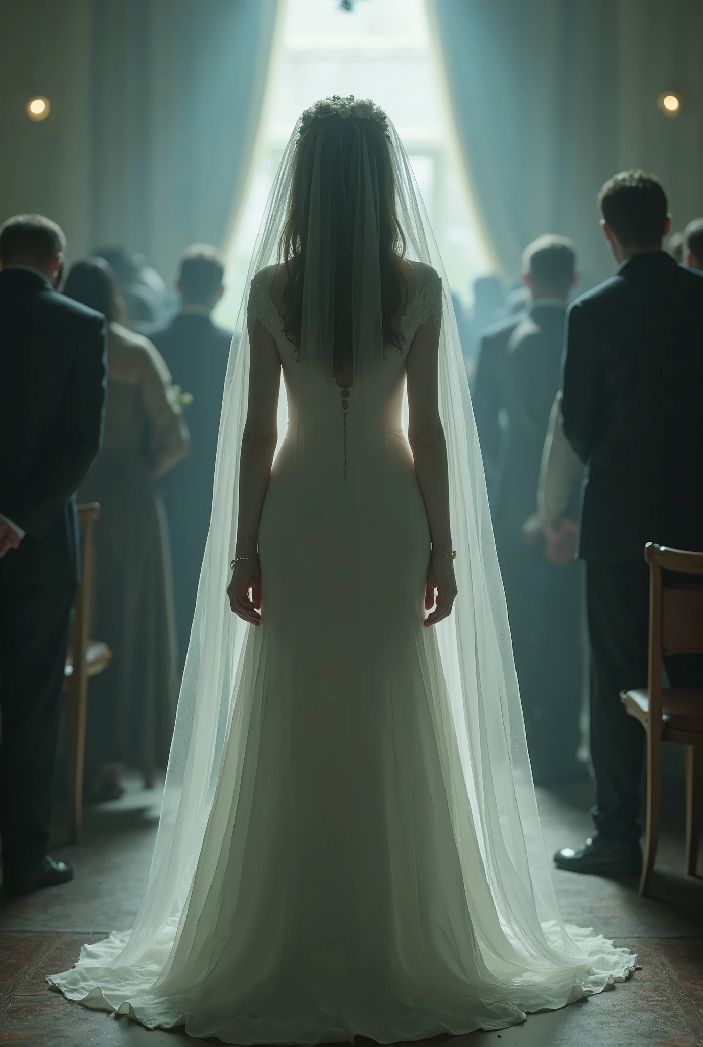 Sad Atmosphere, Just before the wedding ceremony, My daughter's wedding, Mysterious face, Wedding dress, full body, 