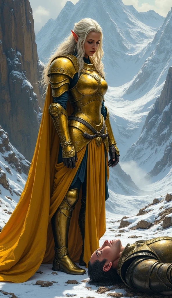 a female elf warrior in silver armor, oil painting on canvas, standing and crying over the body of a fallen knight and friend, golden floating hair, holding long spear, in a sad winter mountains landscape after battle, in boris vallejo and julie bell style, beautiful and sad scene, highly detailed, hyper realistic, cinematic lighting, dramatic pose, intricate armor details, flowing hair, emotional facial expression, snow covered peaks, dark moody colors, dramatic lighting, glowing warm light, volumetric fog, dramatic shadows, cinematic composition, masterful brushwork, impasto texture