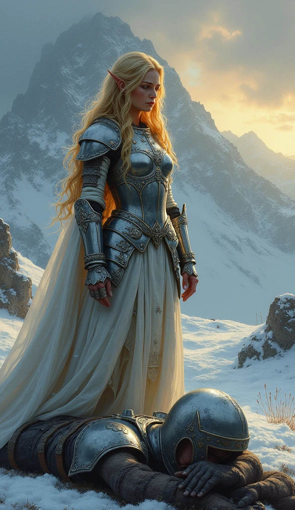 a female elf warrior in silver armor, oil painting on canvas, standing and crying over the body of a fallen knight and friend, golden floating hair, holding long spear, in a sad winter mountains landscape after battle, in boris vallejo and julie bell style, beautiful and sad scene, highly detailed, hyper realistic, cinematic lighting, dramatic pose, intricate armor details, flowing hair, emotional facial expression, snow covered peaks, dark moody colors, dramatic lighting, glowing warm light, volumetric fog, dramatic shadows, cinematic composition, masterful brushwork, impasto texture