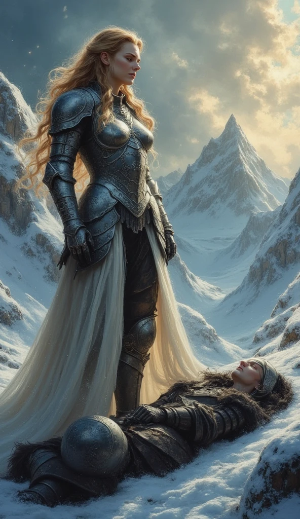 a female elf warrior in silver armor, oil painting on canvas, standing and crying over the body of a fallen knight and friend, golden floating hair, holding long spear, in a sad winter mountains landscape after battle, in boris vallejo and julie bell style, beautiful and sad scene, highly detailed, hyper realistic, cinematic lighting, dramatic pose, intricate armor details, flowing hair, emotional facial expression, snow covered peaks, dark moody colors, dramatic lighting, glowing warm light, volumetric fog, dramatic shadows, cinematic composition, masterful brushwork, impasto texture