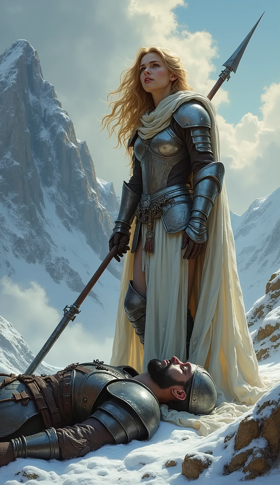 a female elf warrior in silver armor, oil painting on canvas, standing and crying over the body of a fallen knight and friend, golden floating hair, holding long spear, in a sad winter mountains landscape after battle, in boris vallejo and julie bell style, beautiful and sad scene, highly detailed, hyper realistic, cinematic lighting, dramatic pose, intricate armor details, flowing hair, emotional facial expression, snow covered peaks, dark moody colors, dramatic lighting, glowing warm light, volumetric fog, dramatic shadows, cinematic composition, masterful brushwork, impasto texture