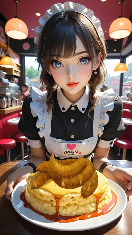 Maid Cafe,special menu ,( poop topping on pancakes):1.5,(Blushing cheeks:1.4),(Ecstatic expression:1.4),araffe girl in a restaurant with a plate of food, anime girl in a maid costume,  realistic anime 3d style , anime girl in real life, Japanese maid cafe, Maid uniform, Anime Food, render of a cute 3d anime girl, ( Waitress ) girl, change, realistic young anime girl, hyperrealistic schoolgirl, Cute realistic portrait