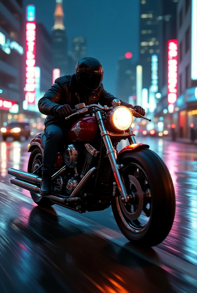 A sleek, vintage motorcycle speeding down a wet city street at night. Neon lights from the buildings reflect off the shiny chrome, and the rider, wearing a leather jacket and helmet, leans into a sharp turn, adding a sense of motion and excitement to the scene.
