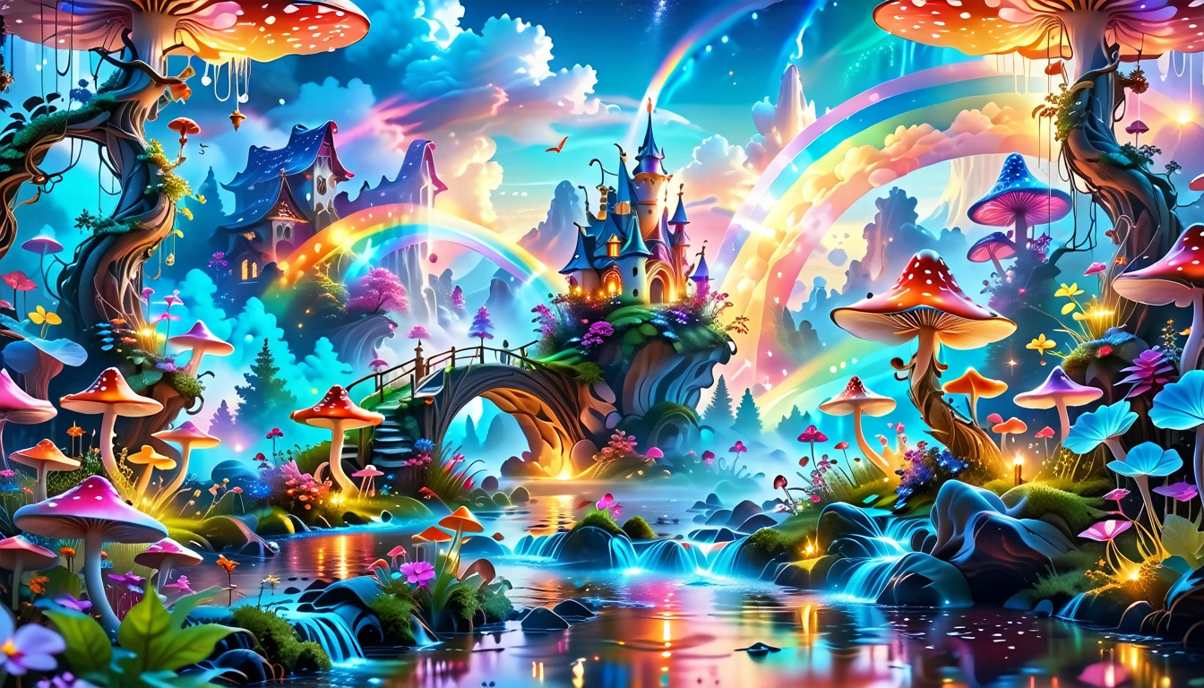 A Masterpiece In 32K Resolution, Supreme Quality, Super-Detailed, Official Art. A Dreamlike Fantasy Landscape, Where Giant Mushrooms Tower Over A Sparkling Stream. Colorful Fairies Dance Among The Flowers, And A Rainbow Arches Across The Sky, Adding To The Enchantment Of This Magical Realm. A Dragon Weaves Between The Mushrooms, Adding A Touch Of Whimsy To The Scene. The Entire Scene Is Bathed In A Cold, Ethereal Glow.