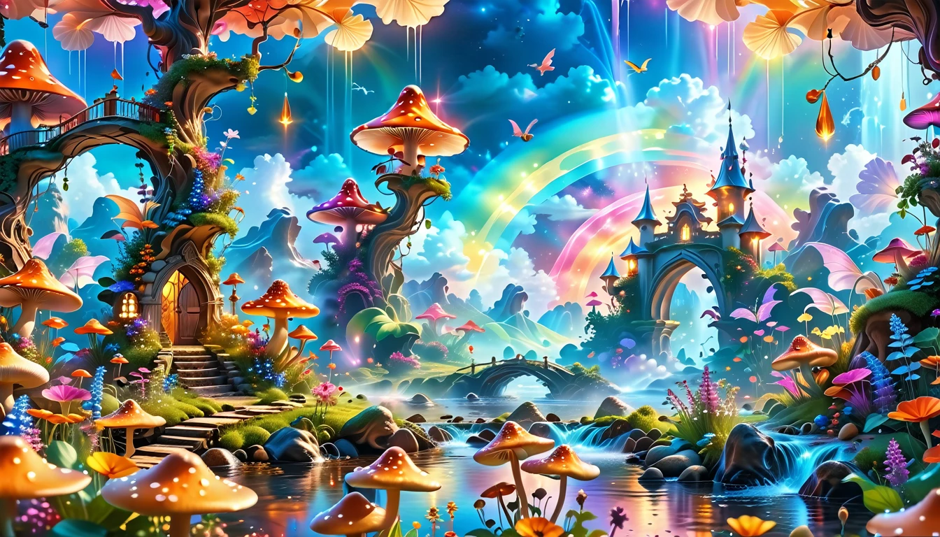 A Masterpiece In 32K Resolution, Supreme Quality, Super-Detailed, Official Art. A Dreamlike Fantasy Landscape, Where Giant Mushrooms Tower Over A Sparkling Stream. Colorful Fairies Dance Among The Flowers, And A Rainbow Arches Across The Sky, Adding To The Enchantment Of This Magical Realm. A Dragon Weaves Between The Mushrooms, Adding A Touch Of Whimsy To The Scene. The Entire Scene Is Bathed In A Cold, Ethereal Glow.