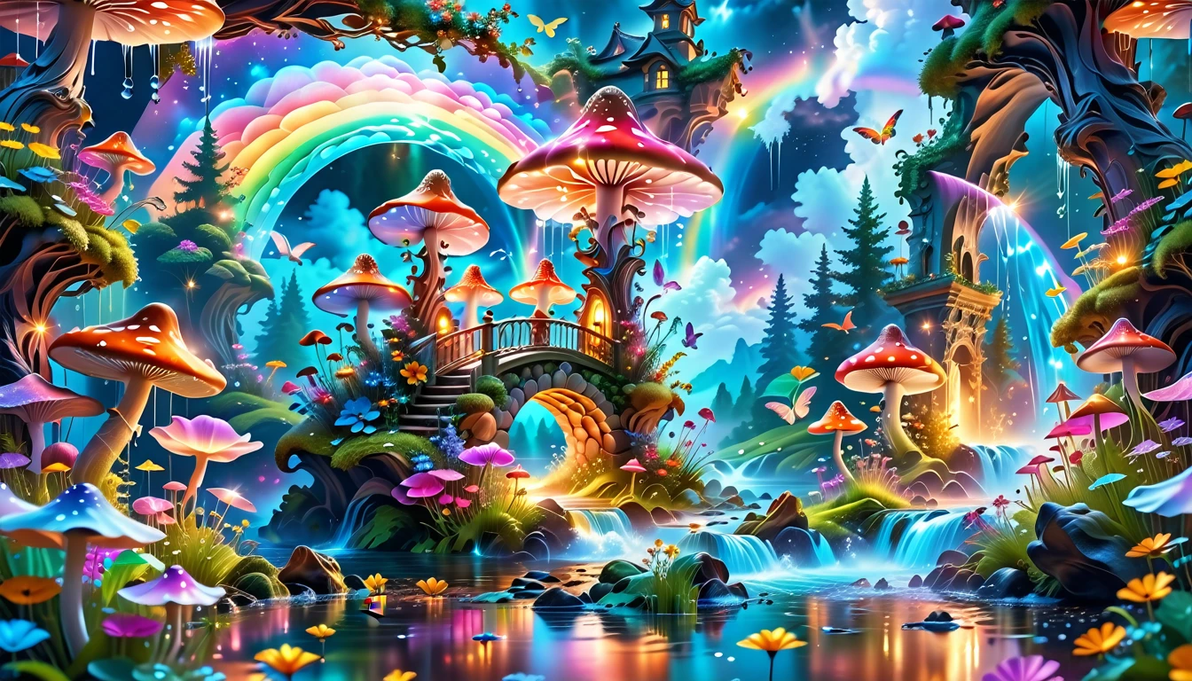 A Masterpiece In 32K Resolution, Supreme Quality, Super-Detailed, Official Art. A Dreamlike Fantasy Landscape, Where Giant Mushrooms Tower Over A Sparkling Stream. Colorful Fairies Dance Among The Flowers, And A Rainbow Arches Across The Sky, Adding To The Enchantment Of This Magical Realm. A Dragon Weaves Between The Mushrooms, Adding A Touch Of Whimsy To The Scene. The Entire Scene Is Bathed In A Cold, Ethereal Glow.