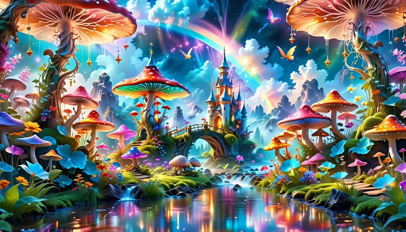 A Masterpiece In 32K Resolution, Supreme Quality, Super-Detailed, Official Art. A Dreamlike Fantasy Landscape, Where Giant Mushrooms Tower Over A Sparkling Stream. Colorful Fairies Dance Among The Flowers, And A Rainbow Arches Across The Sky, Adding To The Enchantment Of This Magical Realm. A Dragon Weaves Between The Mushrooms, Adding A Touch Of Whimsy To The Scene. The Entire Scene Is Bathed In A Cold, Ethereal Glow.