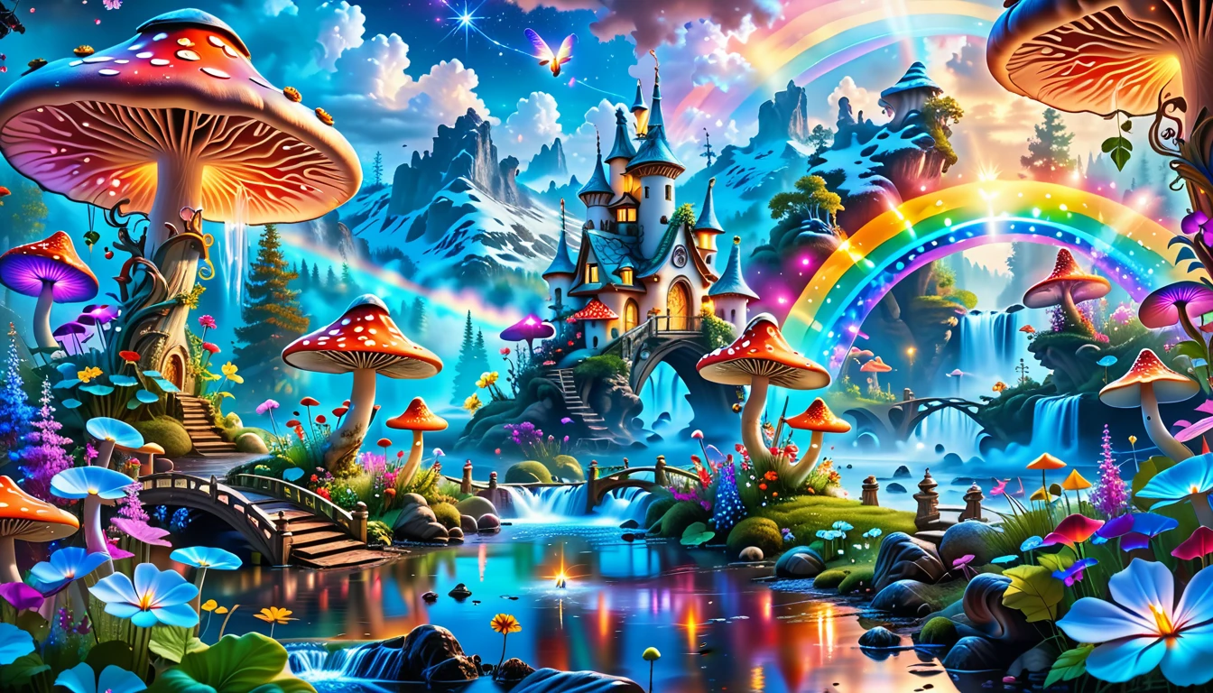 A Masterpiece In 32K Resolution, Supreme Quality, Super-Detailed, Official Art. A Dreamlike Fantasy Landscape, Where Giant Mushrooms Tower Over A Sparkling Stream. Colorful Fairies Dance Among The Flowers, And A Rainbow Arches Across The Sky, Adding To The Enchantment Of This Magical Realm. A Dragon Weaves Between The Mushrooms, Adding A Touch Of Whimsy To The Scene. The Entire Scene Is Bathed In A Cold, Ethereal Glow.