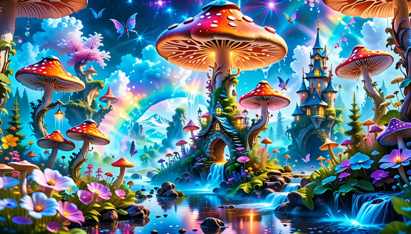 A Masterpiece In 32K Resolution, Supreme Quality, Super-Detailed, Official Art. A Dreamlike Fantasy Landscape, Where Giant Mushrooms Tower Over A Sparkling Stream. Colorful Fairies Dance Among The Flowers, And A Rainbow Arches Across The Sky, Adding To The Enchantment Of This Magical Realm. A Dragon Weaves Between The Mushrooms, Adding A Touch Of Whimsy To The Scene. The Entire Scene Is Bathed In A Cold, Ethereal Glow.