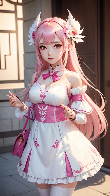 araffe dressed in a white dress and a tiable holding a pink bag, anime girl cosplay, anime cosplay, from lineage 2, zhongli from genshin impact, sakimichan, cosplay, sakimi chan, elegant glamourous cosplay, glamourous cosplay, keqing from genshin impact, sakimichan frank franzzeta
