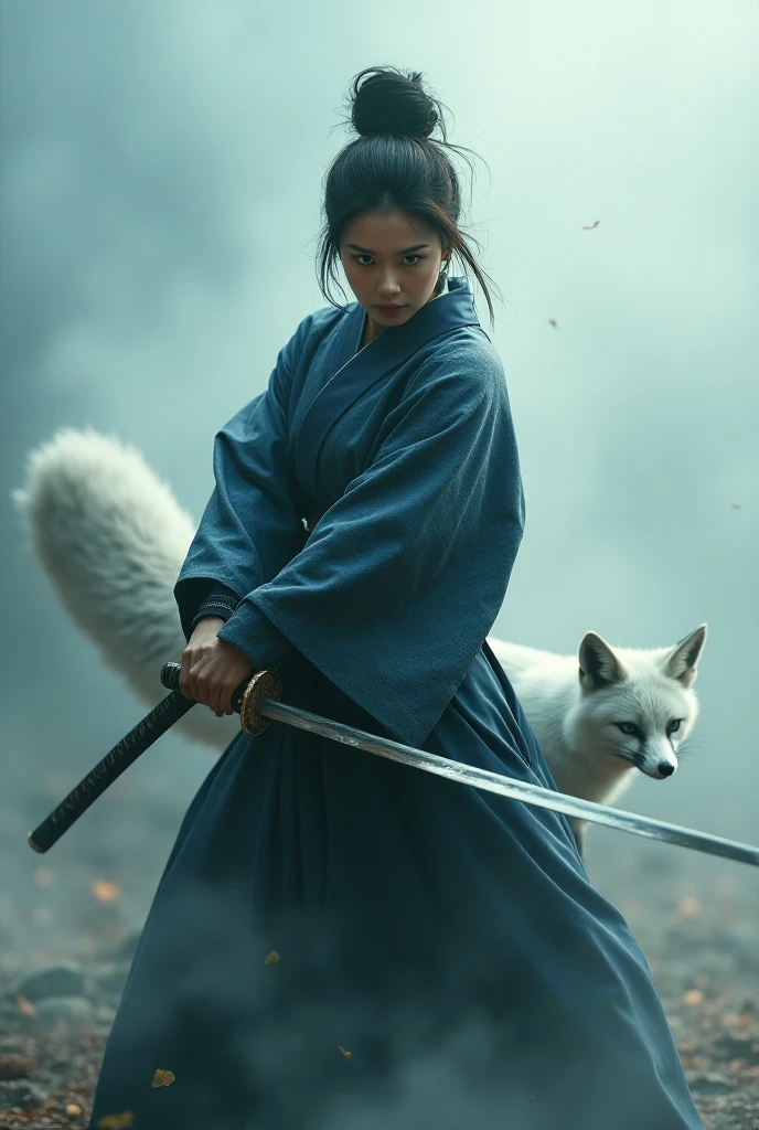 The enigmatic samurai woman (Musashi Miyamoto) wielding a long Japanese sword, Splitting with each powerful slash、Enveloped in the mist that obscures vision, Revealing a vivid and otherworldly scene, The clarity of the sword's slash against the hazy background, Mysterious Background, The white fox's sharp gaze met the viewer's., A layer of ethereal mist shrouding the foreground, Piercing, clear eyes, An exquisite and detailed kimono, Dramatic lighting and colors