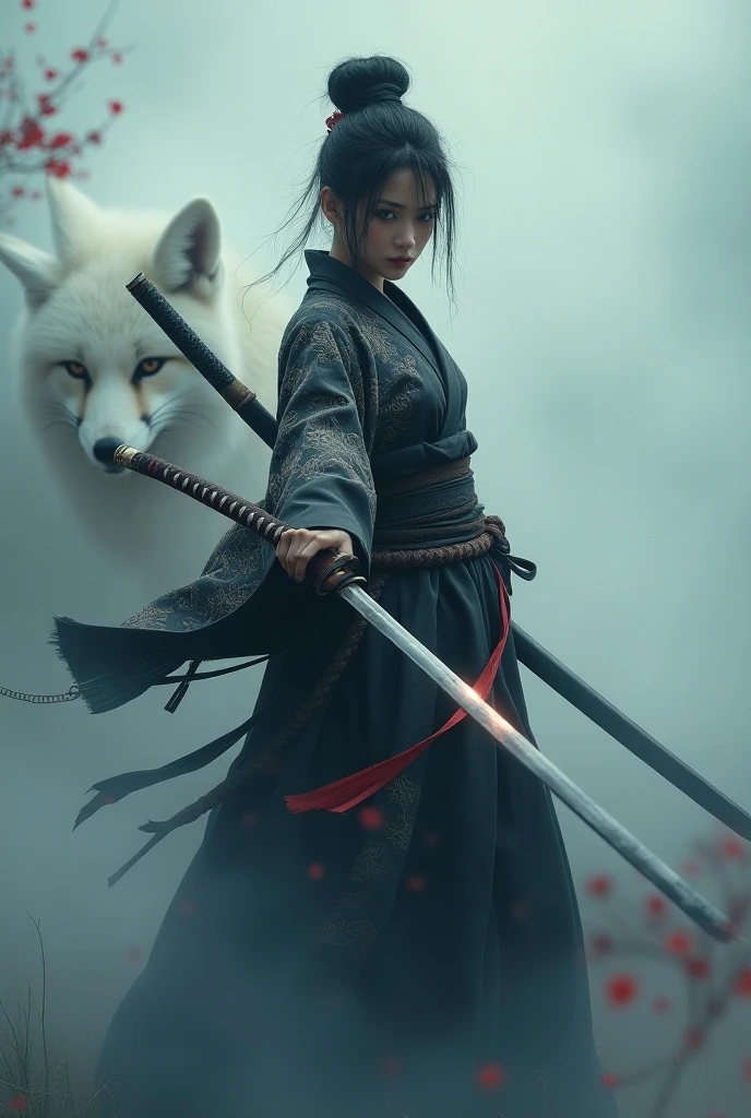 The enigmatic samurai woman (Musashi Miyamoto) wielding a long Japanese sword, Splitting with each powerful slash、Enveloped in the mist that obscures vision, Revealing a vivid and otherworldly scene, The clarity of the sword's slash against the hazy background, Mysterious Background, The white fox's sharp gaze met the viewer's., A layer of ethereal mist shrouding the foreground, Piercing, clear eyes, An exquisite and detailed kimono, Dramatic lighting and colors