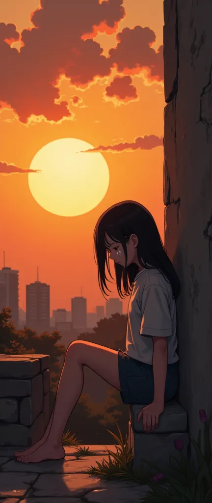 surrealism ， crying girl leaning against the wall，sunset，the sun outlines the edge ，painting