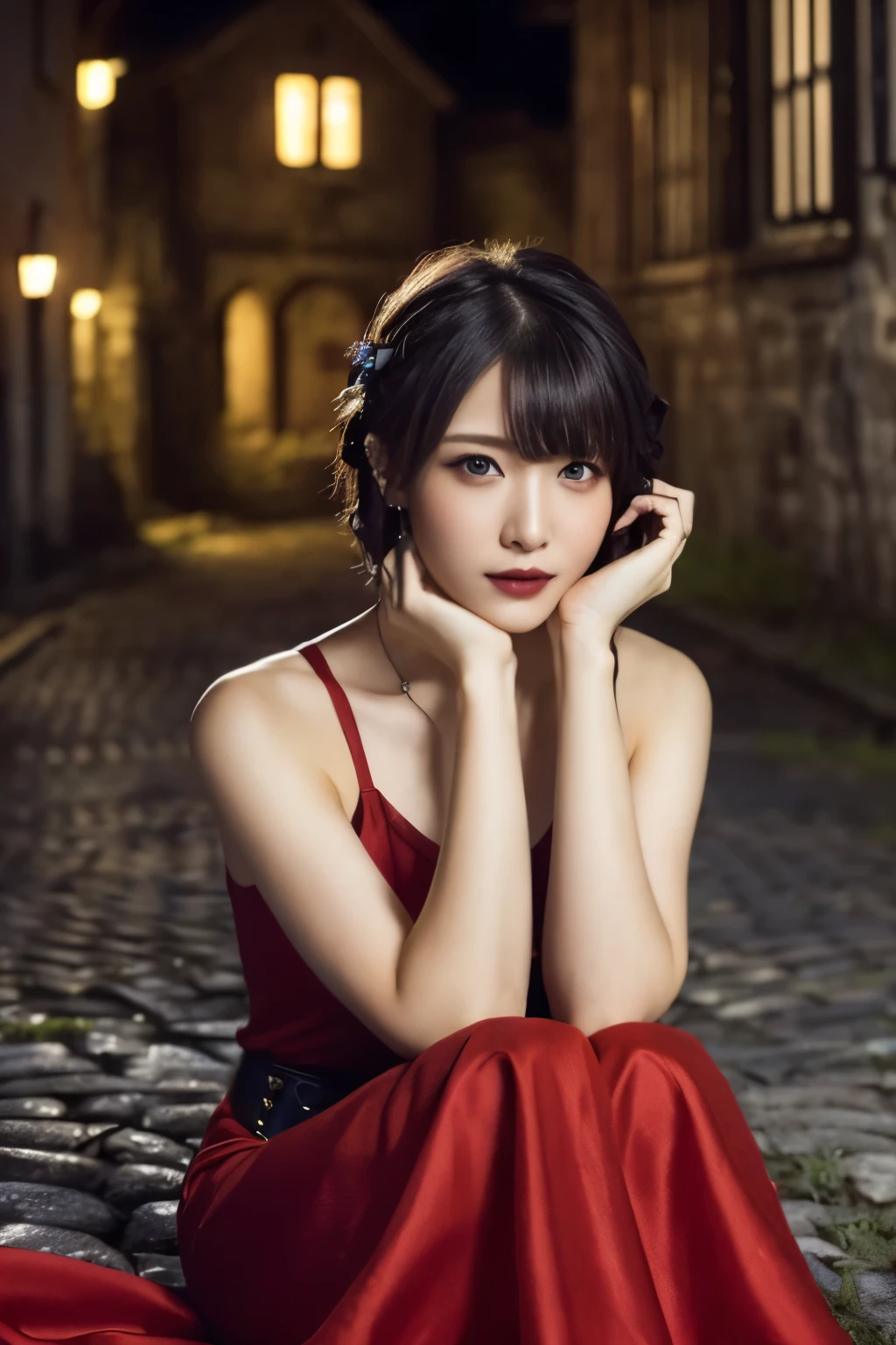 1 girl, (She is wearing a red dress:1.3), (Gothic Makeup),  Portrait of an adorable Japanese symphonic metal singer, (RAW Photo Best Quality), (Realistic, Realistic:1.4), (masterpiece), 
But delicate and beautiful, Very detailed, 2k wallpaper, wonderful, finely, Very detailed CG Unity 8K wallpaper, Very detailed, High resolution, Soft light, 
Beautiful detailed girl, Very detailed eyes and face, A beautiful and elegant nose,  beautiful beautiful eyes, Cinema Lighting, 
(Girl full body silhouette), (Background is an abandoned medieval European city at night:1.4), (A girl is lying on cobblestones:1.3), (Dark screen:1.5),
(short hair), (Messy Hair), (Indigo Color Scheme), (I am so lonely),
Perfect Anatomy, Slender body, Small breasts