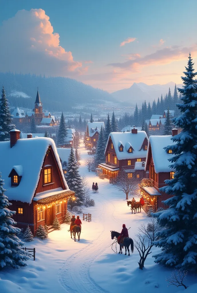 Create an image of white Christmas with Christmas lights and a very cozy small town

