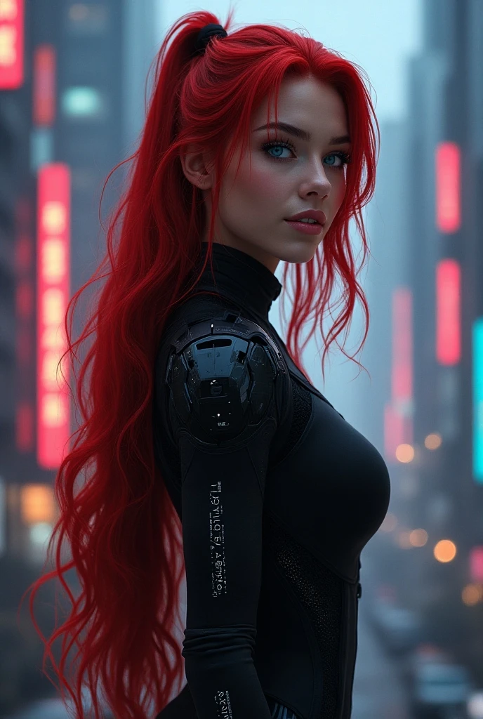 masterpiece , girl , Very long red hair , blue eyes ,  Gradient , Perfect figure , ( Techwear:1.2) , Cyberpunk , future , Modern , in Cyberpunk city, Light Smile , Detailed face ,, , (8k,  Best quality 1.2),  Ultra-detailed, 8K Ultra HD,, Soft lighting, High image quality,  film grain,   Beautiful lighting,, ( Cinematic :1.4) , perfect bodies  , Best lighting, Best Shadow,  Sharpness, Contrast,