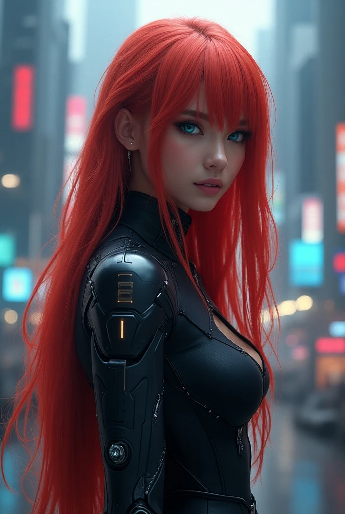 masterpiece , girl , Very long red hair , blue eyes ,  Gradient , Perfect figure , ( Techwear:1.2) , Cyberpunk , future , Modern , in Cyberpunk city, Light Smile , Detailed face ,, , (8k,  Best quality 1.2),  Ultra-detailed, 8K Ultra HD,, Soft lighting, High image quality,  film grain,   Beautiful lighting,, ( Cinematic :1.4) , perfect bodies  , Best lighting, Best Shadow,  Sharpness, Contrast,