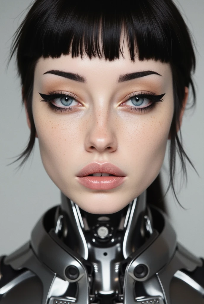 A professional photography of Elisa, close up portrait, cyborg, her body has seamless robotic parts joined to her neck