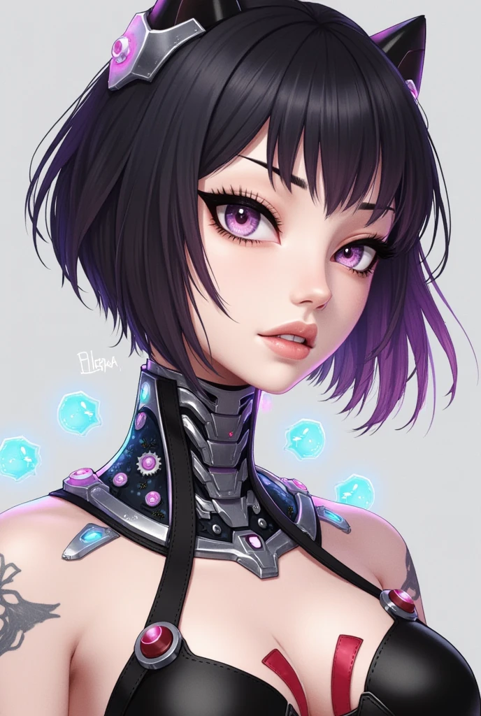 Anime style of Elisa, close up portrait, cyborg, her body has seamless robotic parts joined to her neck