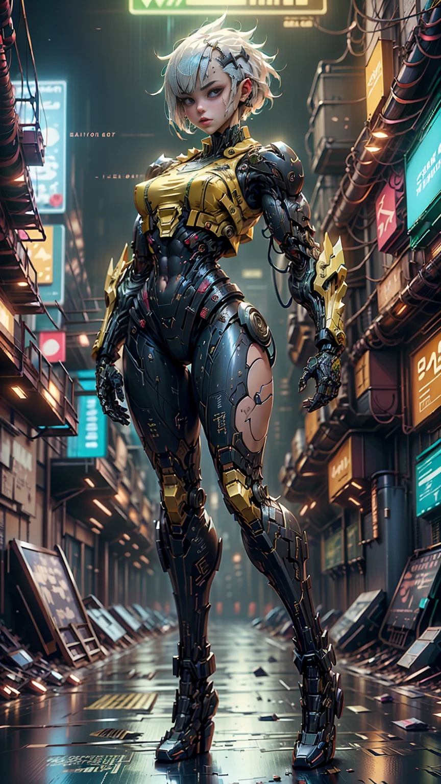 A hyper muscular young cyborg girl in a bio-cybernetic bodysuit, (full body view), (bald head), flat chest, wider upper body, thin legs, bodybuilder muscular physique, extreme vasculature, lots of veins, (beautiful young girl face:1.25),hackedtech