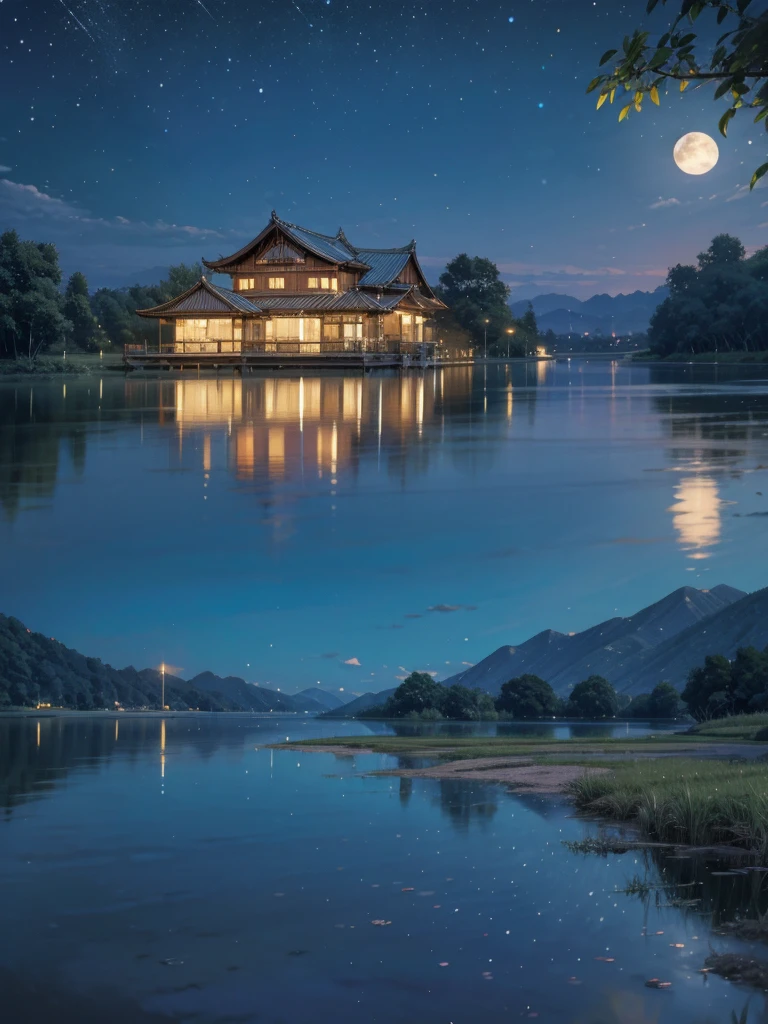 Asian night scene with house, Vietnam, Vietnam, Hazan, moon, Lake in the foreground, Quiet Night, Green and Blue,  digital illustration,  4K Highly Detailed Digital Art , Night view,  anime art 4k ,  anime art wallpaper 4k , 4K Detailed Digital Art, Night natural scenery, Anime Art Wallpaper 8K, Background artwork, Beautiful Art UHD 4K, 4k HD illustration wallpaper