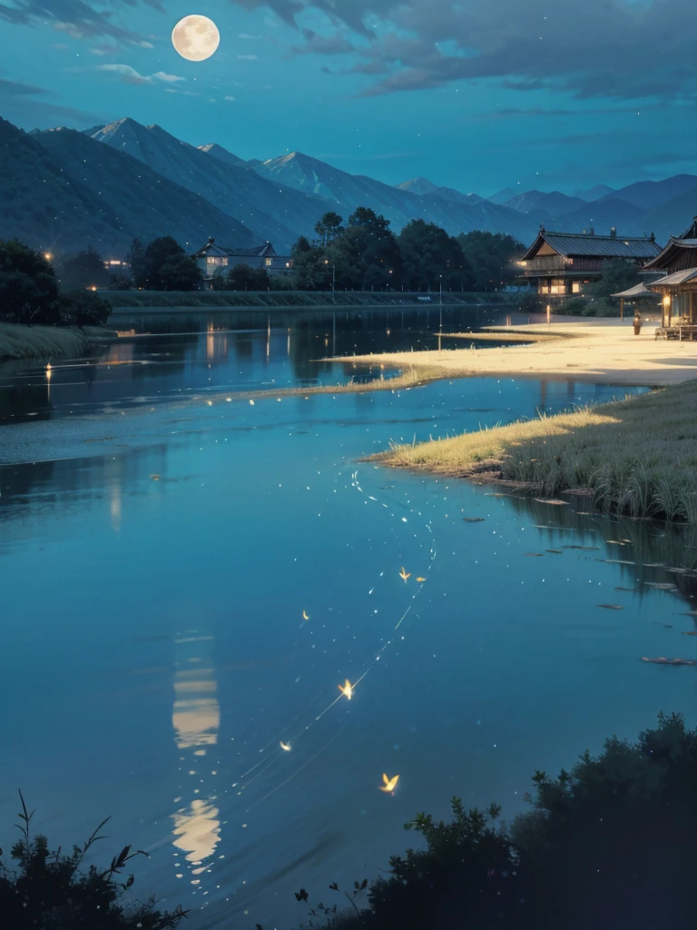 Asian night scene with house, Vietnam, Vietnam, Hazan, moon, Lake in the foreground, Quiet Night, Green and Blue,  digital illustration,  4K Highly Detailed Digital Art , Night view,  anime art 4k ,  anime art wallpaper 4k , 4K Detailed Digital Art, Night natural scenery, Anime Art Wallpaper 8K, Background artwork, Beautiful Art UHD 4K, 4k HD illustration wallpaper