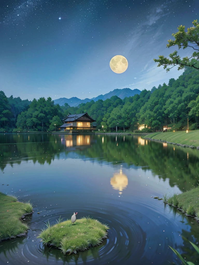 Asian night scene with house, Vietnam, Vietnam, Hazan, moon, Lake in the foreground, Quiet Night, Green and Blue,  digital illustration,  4K Highly Detailed Digital Art , Night view,  anime art 4k ,  anime art wallpaper 4k , 4K Detailed Digital Art, Night natural scenery, Anime Art Wallpaper 8K, Background artwork, Beautiful Art UHD 4K, 4k HD illustration wallpaper