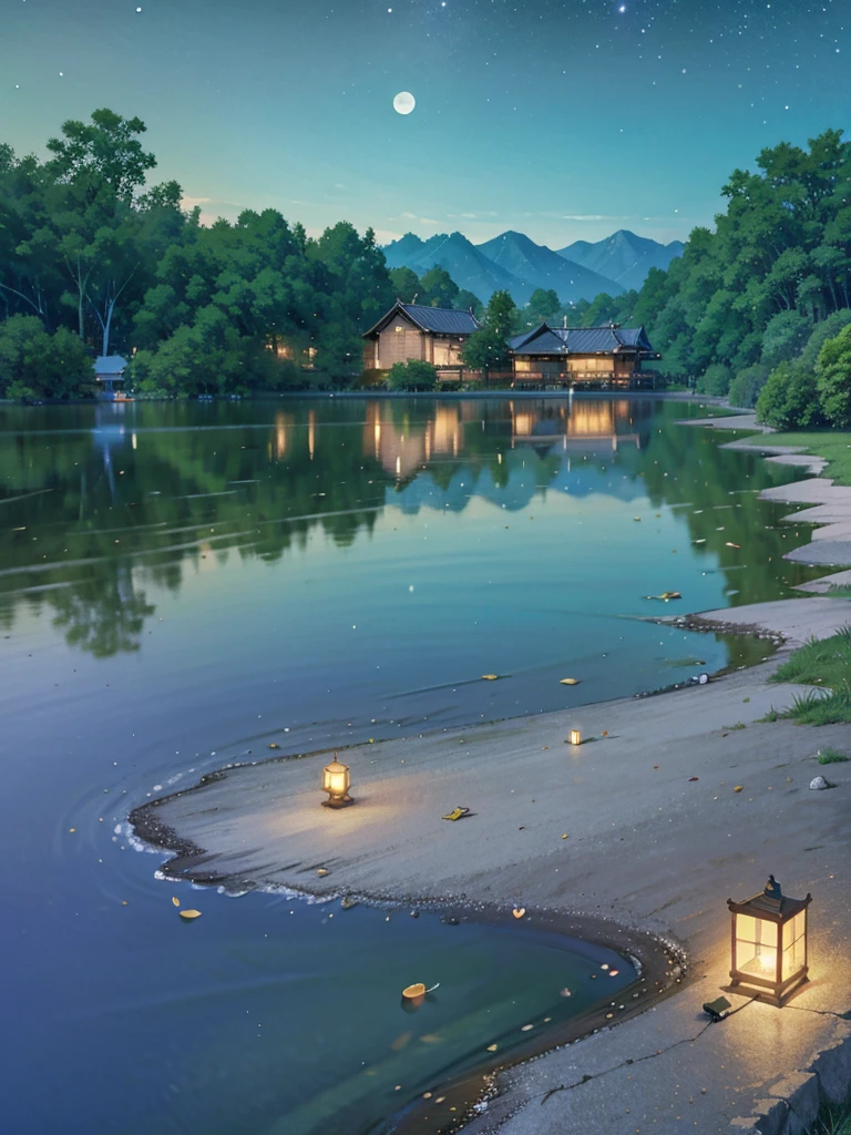 Asian night scene with house, Vietnam, Vietnam, Hazan, moon, Lake in the foreground, Quiet Night, Green and Blue,  digital illustration,  4K Highly Detailed Digital Art , Night view,  anime art 4k ,  anime art wallpaper 4k , 4K Detailed Digital Art, Night natural scenery, Anime Art Wallpaper 8K, Background artwork, Beautiful Art UHD 4K, 4k HD illustration wallpaper