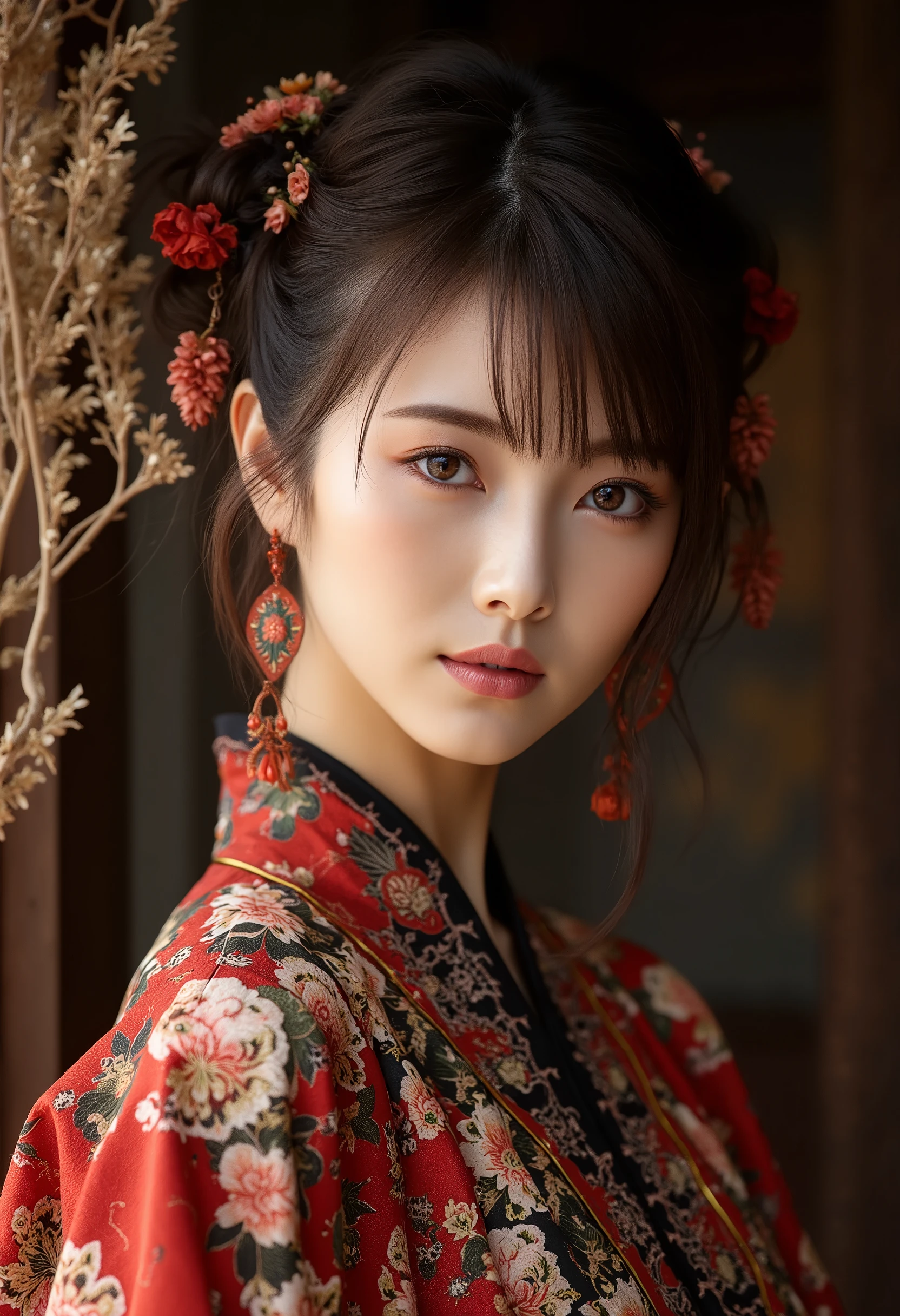 (8k, RAW Photos, Best Quality, masterpiece: 1.2), Super detailed, Super Resolution, (Actual Photos: 1.37), Portraiture,  high-resolution RAW color photo , Professional photos, Official Art,   Highly Detailed CG Unity 8K Wallpaper,  Beautiful East Asian Woman, Very elaborate face,  very detailed eyes , Highly detailed skin, Very elaborate nose, Highly detailed mouth,  Perfect Anatomy,  highly detailed background ,  Highly detailed clothing, Realistic body, White skin, Glowing Skin,, brown hair, {short|length} hair, (Short bangs:1.2), A faint smile, Realistic Face, Bold outfit design, Earrings,  staring at the camera ,  cowboy shot, Standing posture,  Dynamic Lighting,