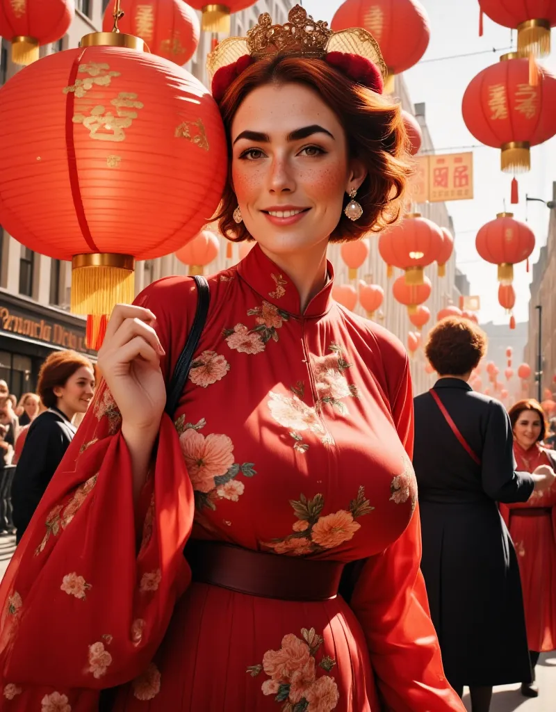 photorealistic picture, cinematic style, (extra low camera angle), a beautiful british woman celebrating chinese new year in a s...