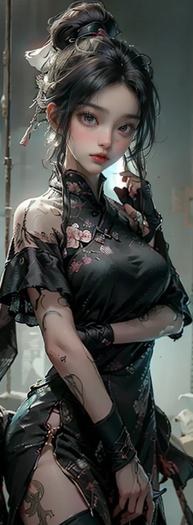 ((Best Quality)), ((masterpiece)), (detailed: 1.4), 3d,  high res ( High Dynamic Range ), Backlight, Battle-Damaged Maiden ,  A Chinadren woman who seems to have come from ancient times  , （Fighting Gorgeous China Dress ）、（Hold the sword）、  She's Full of Cyberpunk Elements .  Her expression was ferocious ,   she seemed to have endless anger in her eyes  ,   and all her wounds and knife cuts of varying degrees all over her body are human々 and made me feel in awe .  Maximum Clarity and Clarity  , 8k RAW,Beautiful Woman with Big Eyes 、smile、 Very Mysterious Woman 