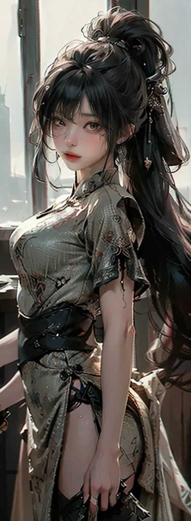 ((Best Quality)), ((masterpiece)), (detailed: 1.4), 3d,  high res ( High Dynamic Range ), Backlight, Battle-Damaged Maiden ,  A Chinadren woman who seems to have come from ancient times  , （Fighting Gorgeous China Dress ）、（Hold the sword）、  She's Full of Cyberpunk Elements .  Her expression was ferocious ,   she seemed to have endless anger in her eyes  ,   and all her wounds and knife cuts of varying degrees all over her body are human々 and made me feel in awe .  Maximum Clarity and Clarity  , 8k RAW,Beautiful Woman with Big Eyes 、smile、 Very Mysterious Woman 