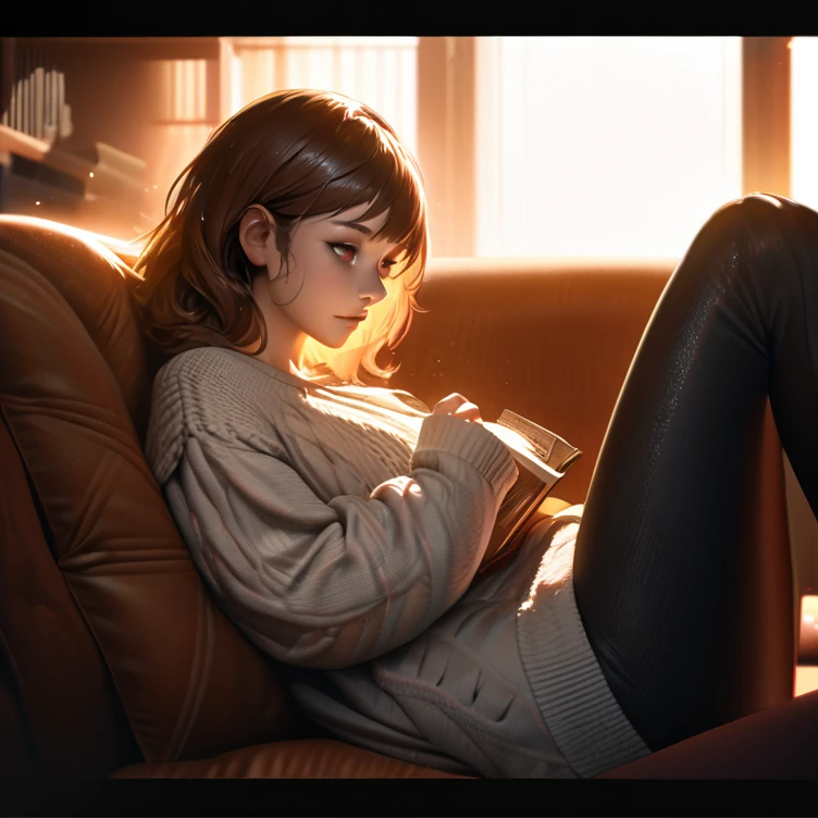 (((Masterpiece, ultra quality, hyper-detailed, realistic anime style, SDXL, 8K resolution, RTX, perfect pixel, depth of field, cinematic lighting, dynamic shadows, high contrast, highly detailed textures))), 1 woman laying comfortably on a plush couch, reading a book. ((Long, wavy chestnut brown hair cascading softly over the armrest)), ((soft, thoughtful expression)), her eyes gently focused on the book. Her skin is smooth, with a natural, soft-lit texture. She wears a cozy, oversized sweater with delicate knit patterns and casual leggings.

> ((Relaxed, reclining posture)), laying on her back with her upper body resting comfortably on the couch cushions. Her legs are slightly elevated and bent at the knees, leaning casually against the edge of the couch, with one foot crossed over the other. One hand rests on her book, which is propped against her chest, while the other hand holds the side of the book as she reads.

> A soft lamp glows beside her, casting warm, dynamic shadows across her form and the room. The couch is detailed with subtle fabric textures, and cushions surround her, enhancing the cozy setting. In the background, a softly blurred bookshelf filled with books adds depth to the scene. The warm, cinematic light and dynamic shadows create a peaceful, tranquil atmosphere, capturing her serene moment of quiet relaxation."