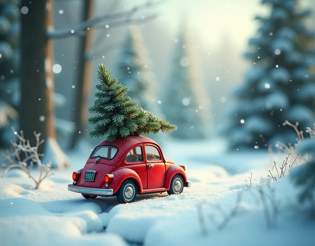 Christmas background. Toys small little Red Car Carrying A Christmas Tree in The Snowy Forest