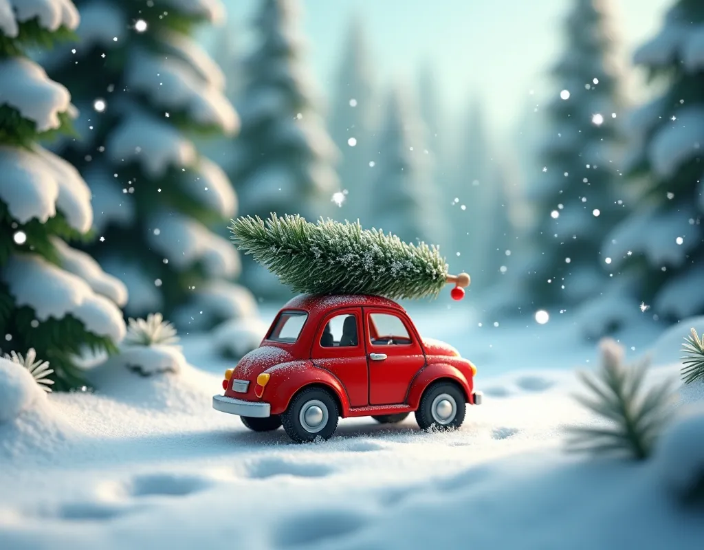 Christmas background. Toys small little Red Car Carrying A Christmas Tree in The Snowy Forest