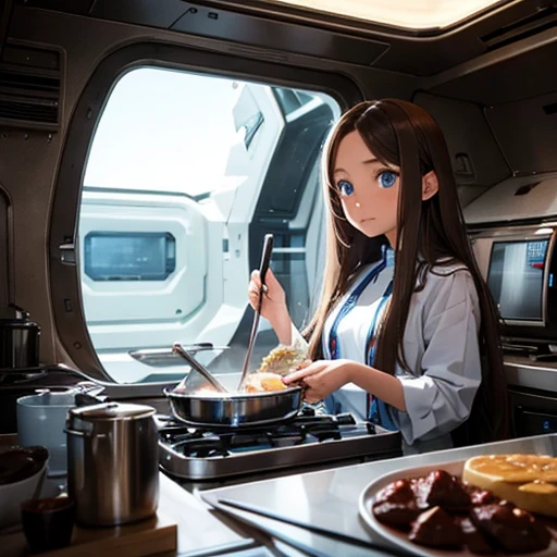   girl, blue eyes,  brown long hair, Inside the spaceship, Cooking was a big failure, Short, 