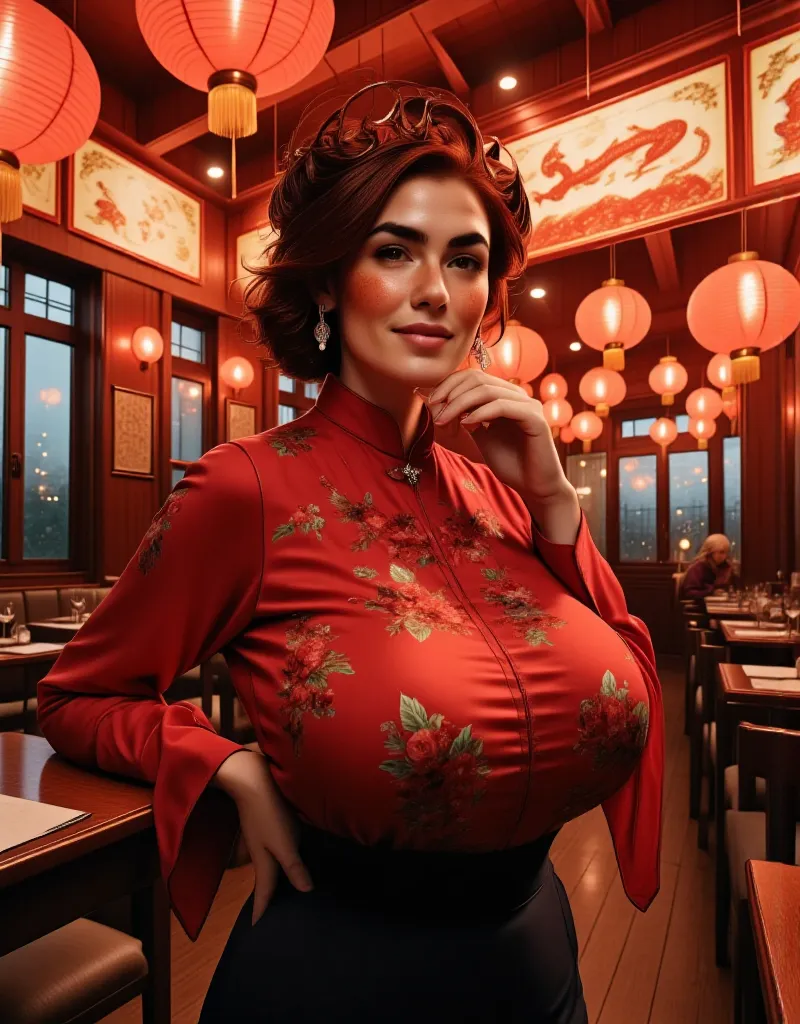 photorealistic, cinematic style, low angle picture of a beautiful british woman celebrating chinese new year inside a chinese re...