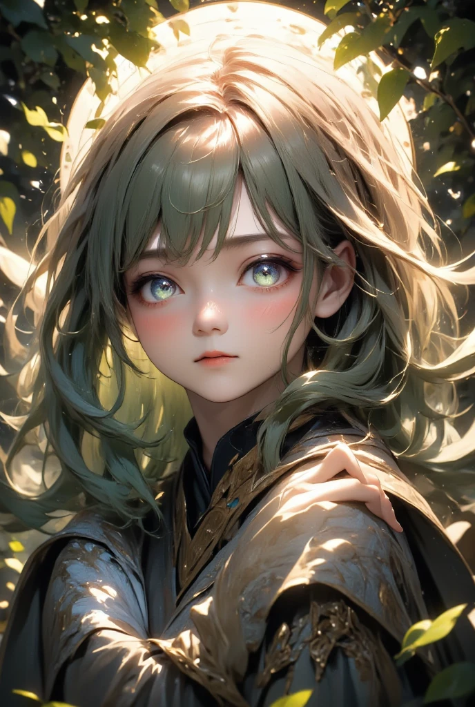 masterpiece, best quality, 8k, highres, ultra-detailed, HDR, UHD, studio lighting, ultra-fine painting, The forest is calm under the glowing moon, its luminescence filtering through the leaves. An elven girl with long green hair leans into the chest of her silver-haired companion, her tears glistening as they roll down her flushed cheeks. She feels the weight of the impending goodbye, her heart aching with a pain she cannot describe. The warmth of his embrace brings both comfort and sorrow, knowing it will be the last. He gently embraces her, his fingers tracing soothing patterns on her back as if trying to comfort her. He feels a deep sadness, his heart heavy with the knowledge that this is their final moment together. He wishes he could stay, that he could protect her from the pain, but he knows he cannot. Despite the warmth they share, there is an unmistakable chill in the air—the chill of a farewell. The moon watches them from above, knowing that as the dawn approaches, their paths will diverge forever. It is a tender yet painful embrace, each holding on to the fleeting warmth of the other. The forest around them is tranquil, bathed in moonlight, with the leaves gently rustling in the cold night breeze, as if mourning their parting.