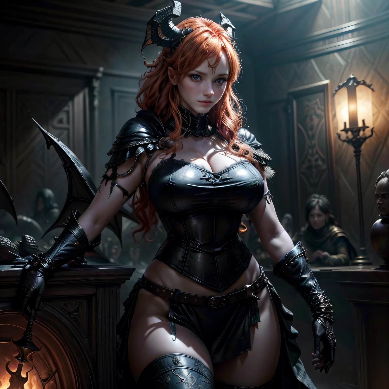 A 25 year old medieval fantasy warrior of extreme beauty, divine and perfect proportions, stands proudly facing forward in foreshortening, with her hands on her waist, mistress of evil, wicked and diabolical, she smiles sensually and looks straight at the viewer, bathed in intense red ambient lighting, with a background of dragons flying in the dark sky in the moonlight, a burning castle in the background and armies facing each other in the distance. Her long orange red hair adorned with braids that fall over her chest is very long and wavy and is braided with gold details and ruby ​​inlays, adorned with light makeup and pink, full lips. She wears a skull-shaped helmet with twisted black horns on her head. She wears full black war armor with gold details and carved dragon head decorations on her chest, complemented by black metallic war gauntlets and gold details. Her powerful thighs are flexed beneath a torn chainmail shirt, while she wears torn black leather pants and a wide leather belt with a large, gold-decorated buckle and a sword scabbard. In her right hand she firmly holds a beautifully decorated sword adorned with runic inscriptions and intricate filigree on its blade. Her determined gaze faces the viewer directly. She is a woman of unparalleled beauty and boundless evil.
