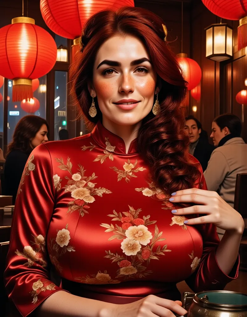 photorealistic, cinematic style, low angle picture of a beautiful british woman celebrating chinese new year inside a chinese re...