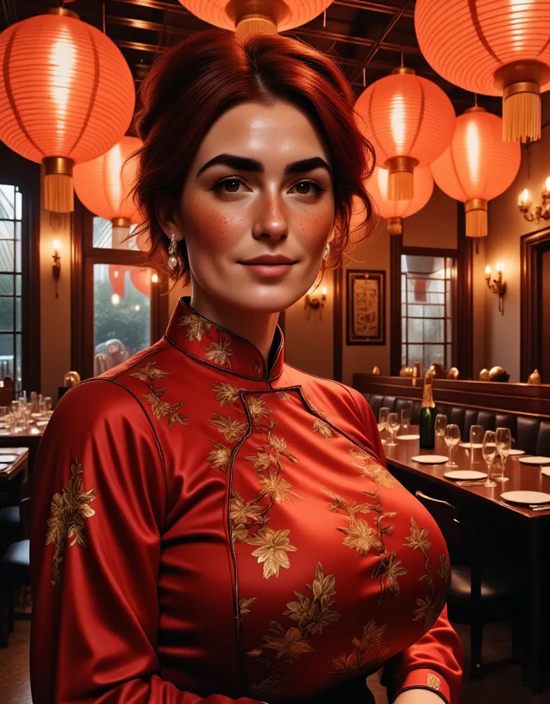 photorealistic, cinematic style, low angle picture of a beautiful british woman celebrating chinese new year inside a chinese re...