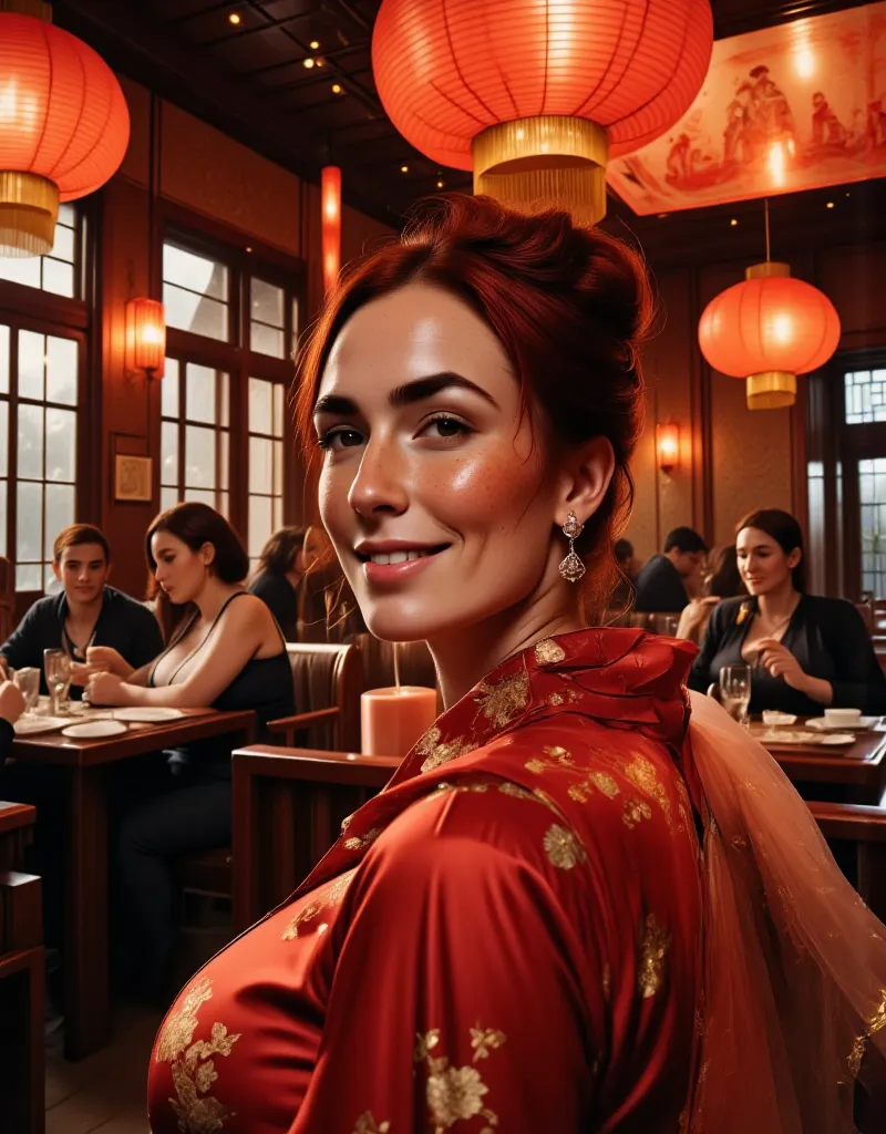 photorealistic, cinematic style, low angle picture of a beautiful british woman celebrating chinese new year inside a chinese re...